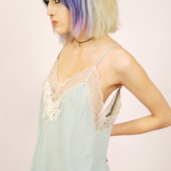 Y2K Mint Slip Dress (L) large vintage blue mini sleepwear lingerie sexy nightie - Picture 5 of 8